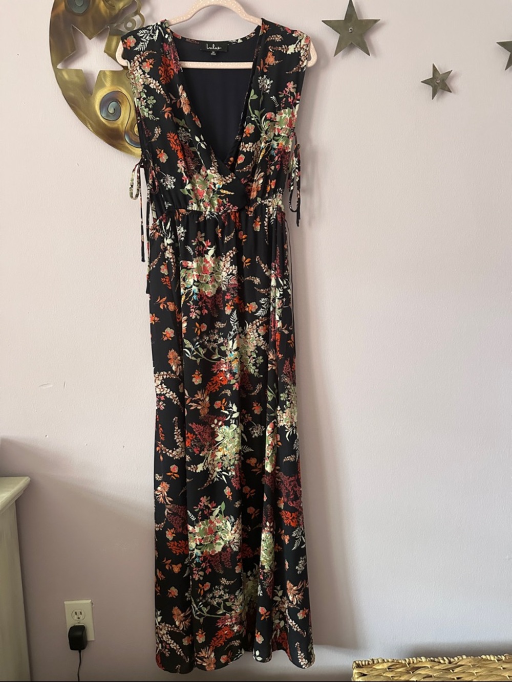 Lulu's Black Floral Maxi Dress with Green and Rust Accents